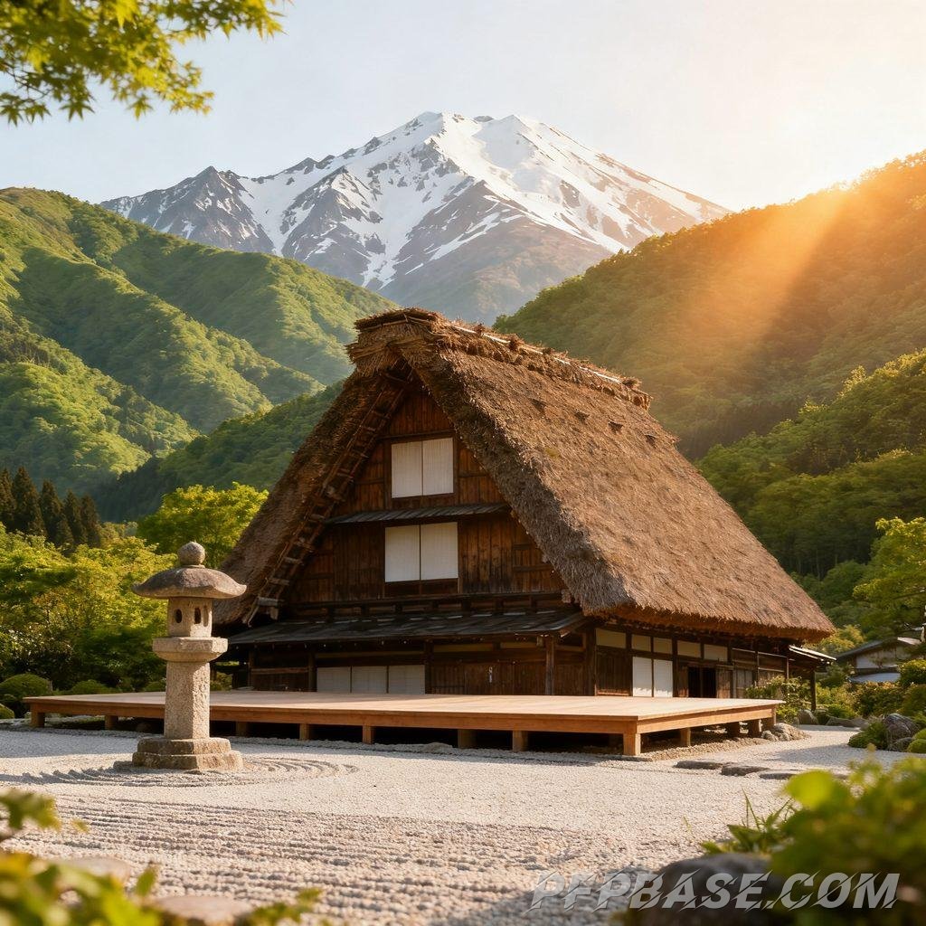Image 1: Japanese thatched cottage, harmony with nature, rolling green mountains, morning and evening light,