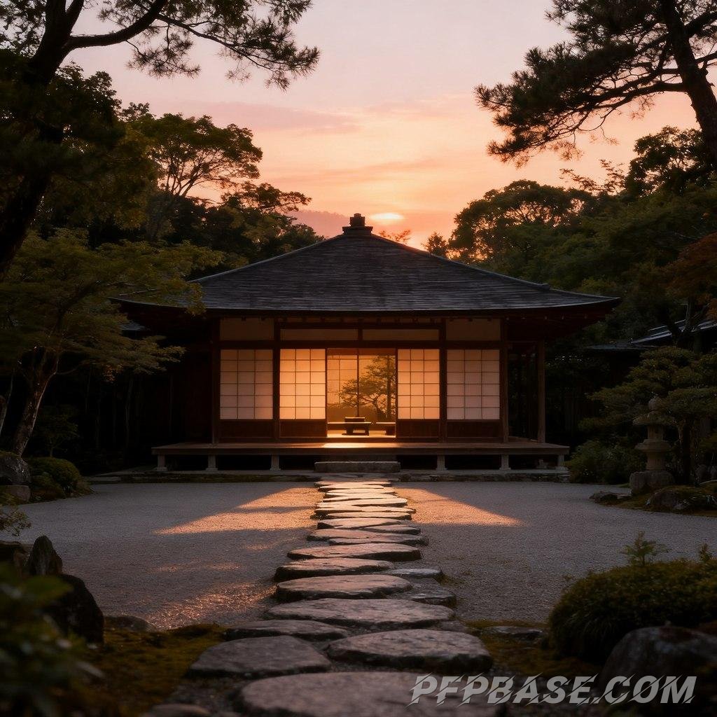 Image 2: Japanese thatched cottage, harmony with nature, rolling green mountains, morning and evening light,