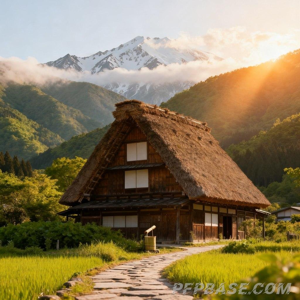 Image 4: Japanese thatched cottage, harmony with nature, rolling green mountains, morning and evening light,