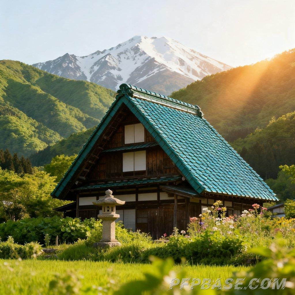 Image 5: Japanese thatched cottage, harmony with nature, rolling green mountains, morning and evening light,