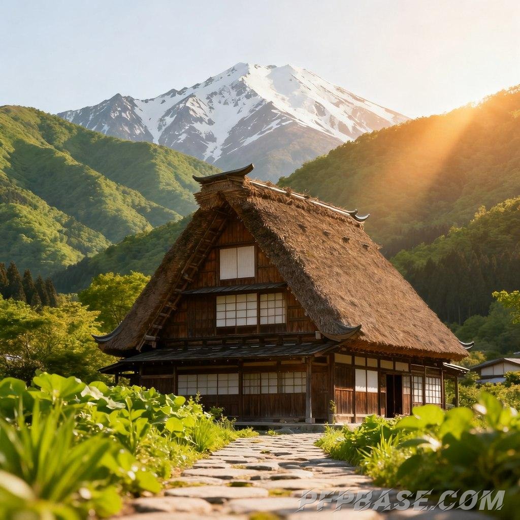 Image 6: Japanese thatched cottage, harmony with nature, rolling green mountains, morning and evening light,