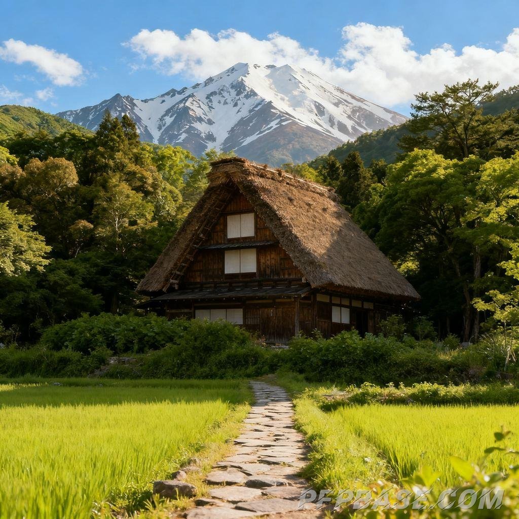 Image 7: Japanese thatched cottage, harmony with nature, rolling green mountains, morning and evening light,