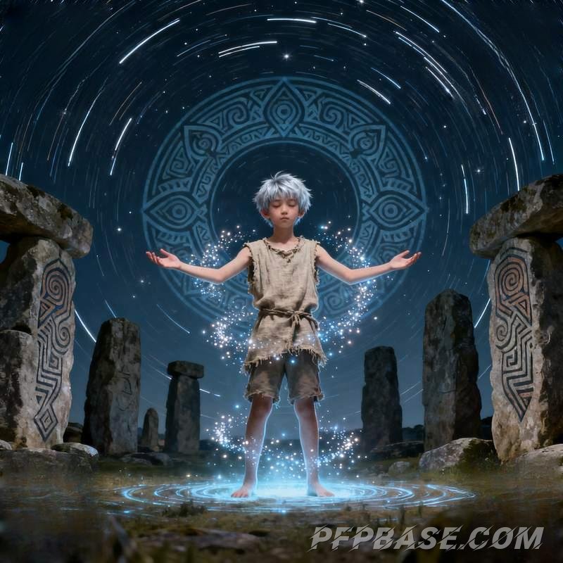 Image 3: boy, mountain peak, graffiti wall, forest, stone circle, night bridge