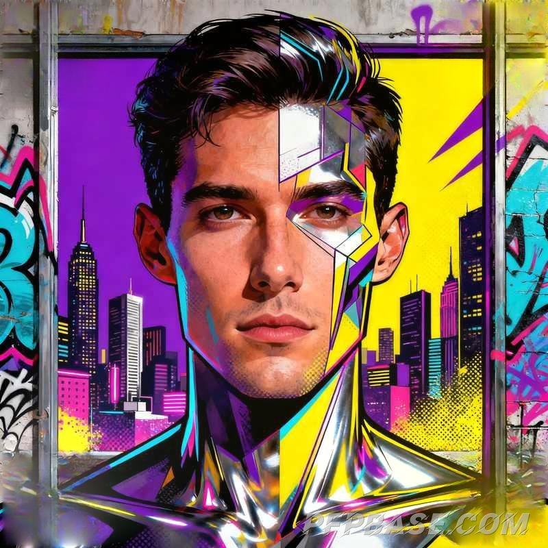 Image 6: handsome male profile, cliff at dusk, data galaxy, rainforest stream, snow mountain storm, graffiti