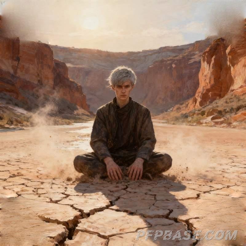 Image 5: wasteland youth, industrial alienation, ice crystal mirage, cliffside silhouette, parched riverbed,