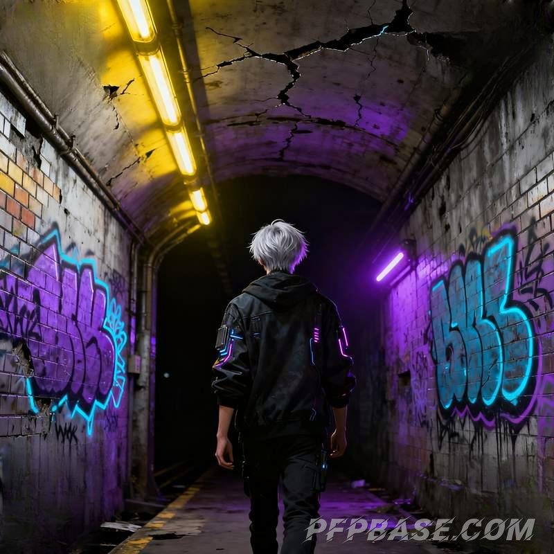 Image 7: man's silhouette, trench coat figure, volcanic rock platform, graffiti tunnel, alpine meadow, r