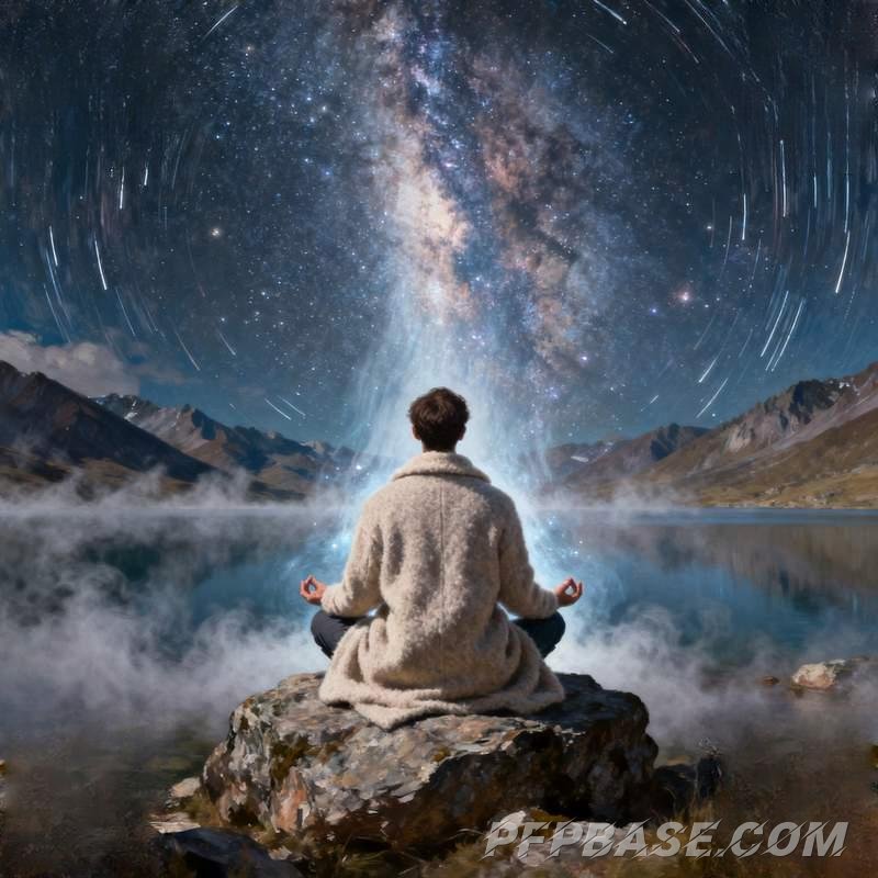 Image 3: dreamy hunk, cliff at dusk, city neon, prairie breeze, stargazing meditation, virtual grid