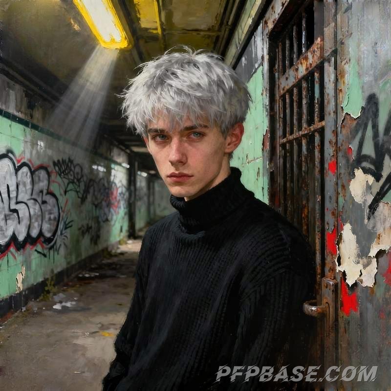 Image 3: male avatar, aloof charm, urban rooftop, ruins graffiti, modern art gallery, highland moor