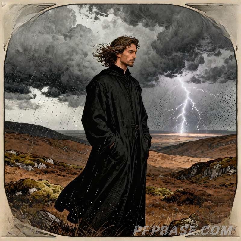 Image 7: male avatar, aloof charm, urban rooftop, ruins graffiti, modern art gallery, highland moor