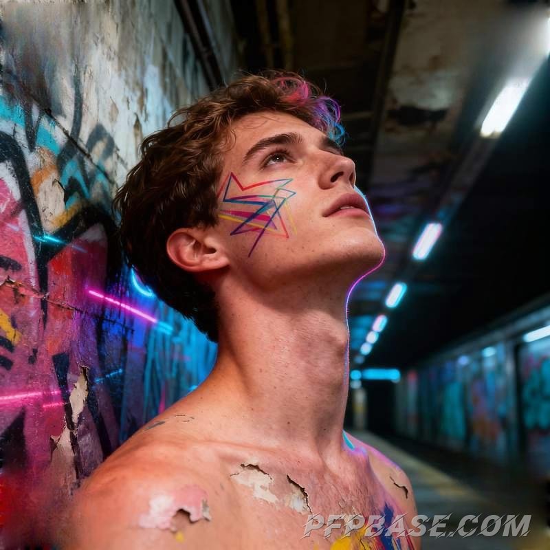 Image 4: trendy guy, rooftop, graffiti wall, data stream, desert maze, stained glass window