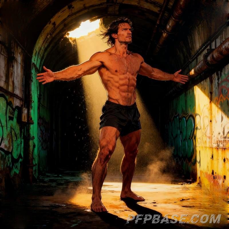 Image 3: chiseled abs, suave guy, hormone rush, strength vibe, natural light and shadow, urban night scene