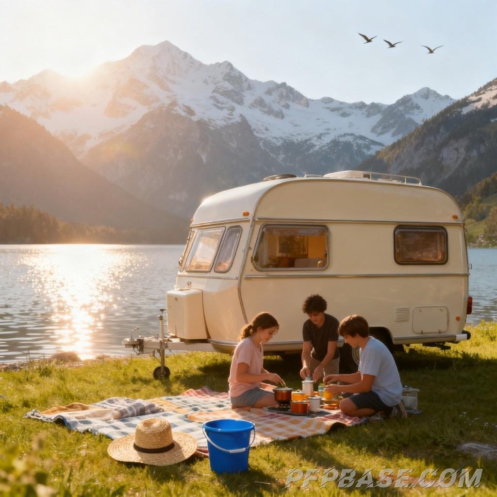 Image 2: vintage camper van, lakeside meadow, snowy mountain backdrop, early morning camping, starry night