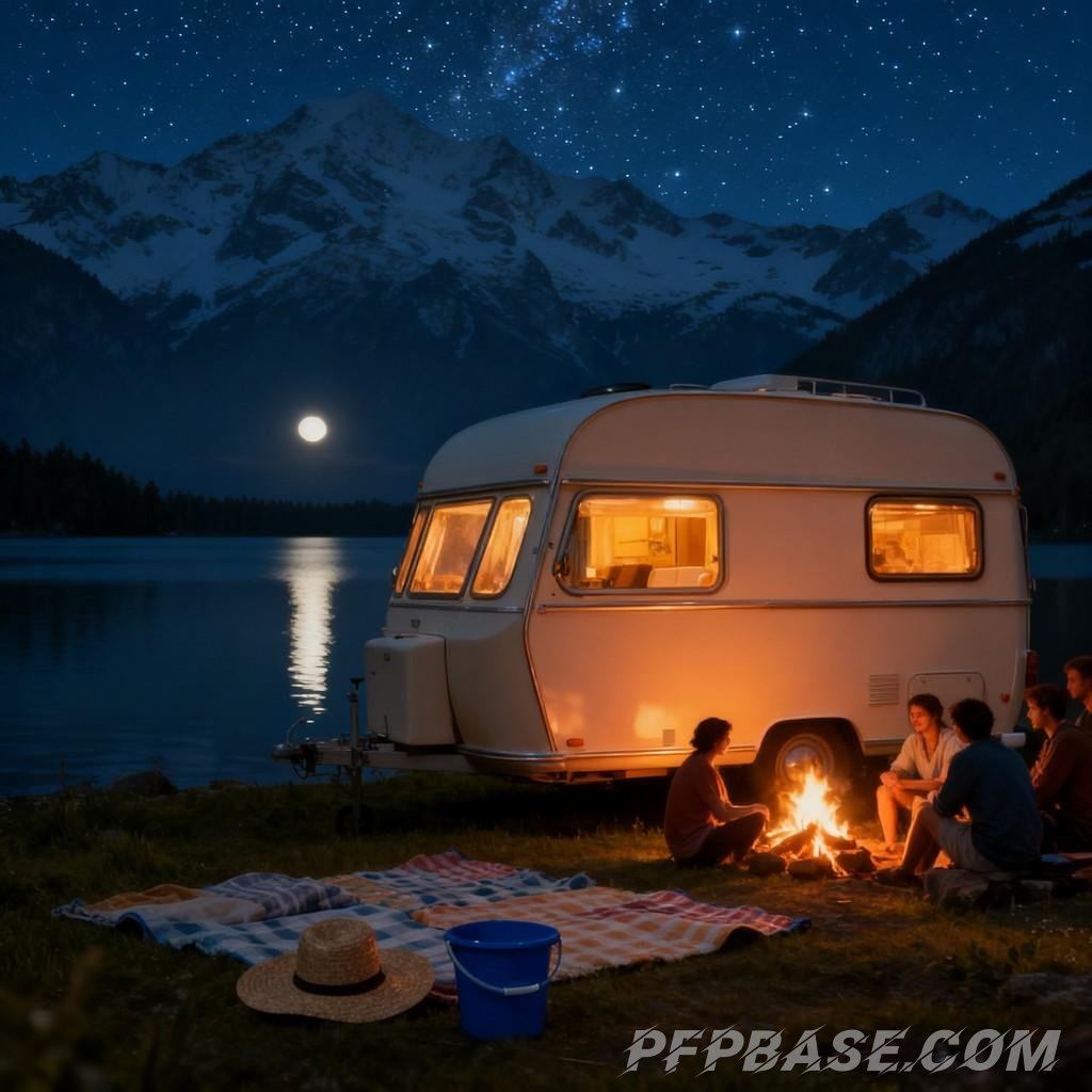 Image 3: vintage camper van, lakeside meadow, snowy mountain backdrop, early morning camping, starry night