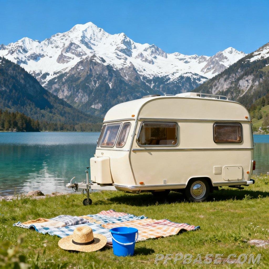 Image 4: vintage camper van, lakeside meadow, snowy mountain backdrop, early morning camping, starry night