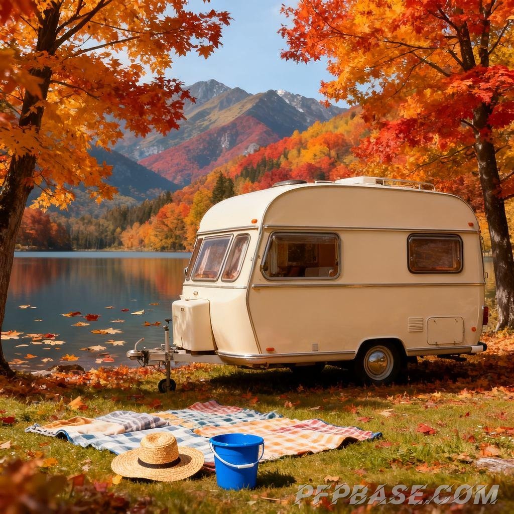 Image 7: vintage camper van, lakeside meadow, snowy mountain backdrop, early morning camping, starry night