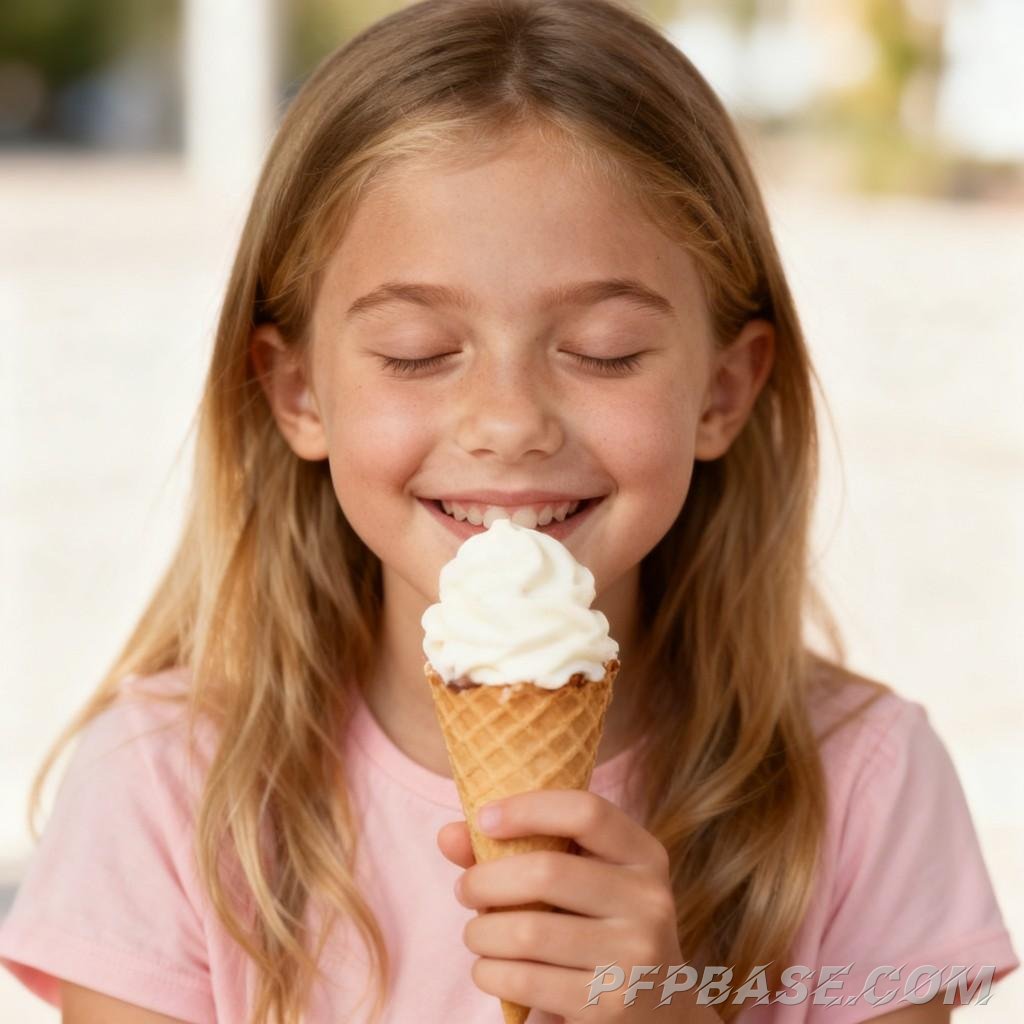 Image 4: sweet smile, silly face, intently munching cookie, side profile grin, savoring ice cream