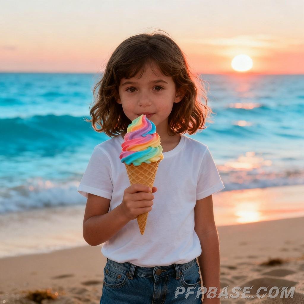 Image 1: blonde hair and blue eyes, outdoor garden, swing, fairy tale book, beach, ice cream