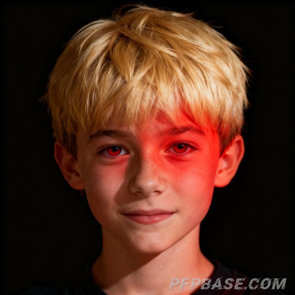 Image 3: smiling youth, stern military uniform, silver-haired with bandages, golden hair in red light, masked