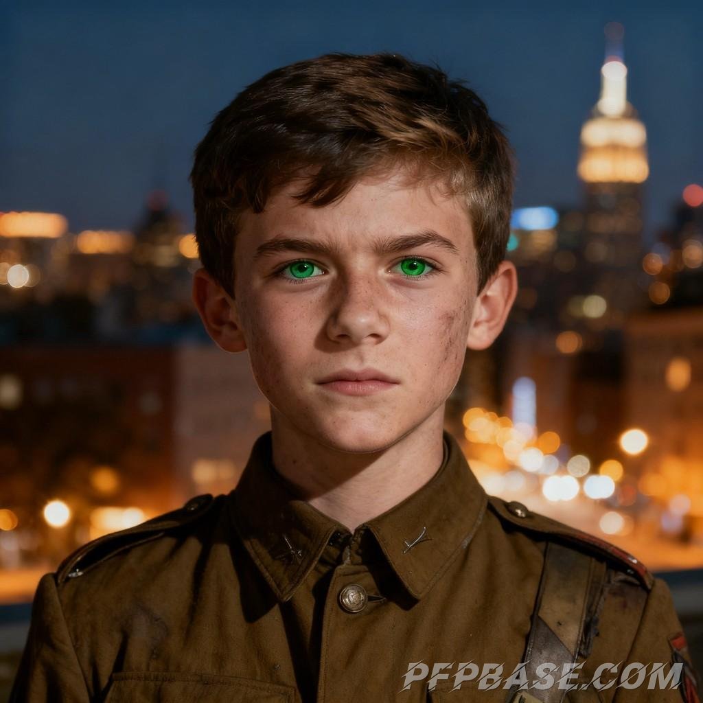 Image 6: smiling youth, stern military uniform, silver-haired with bandages, golden hair in red light, masked