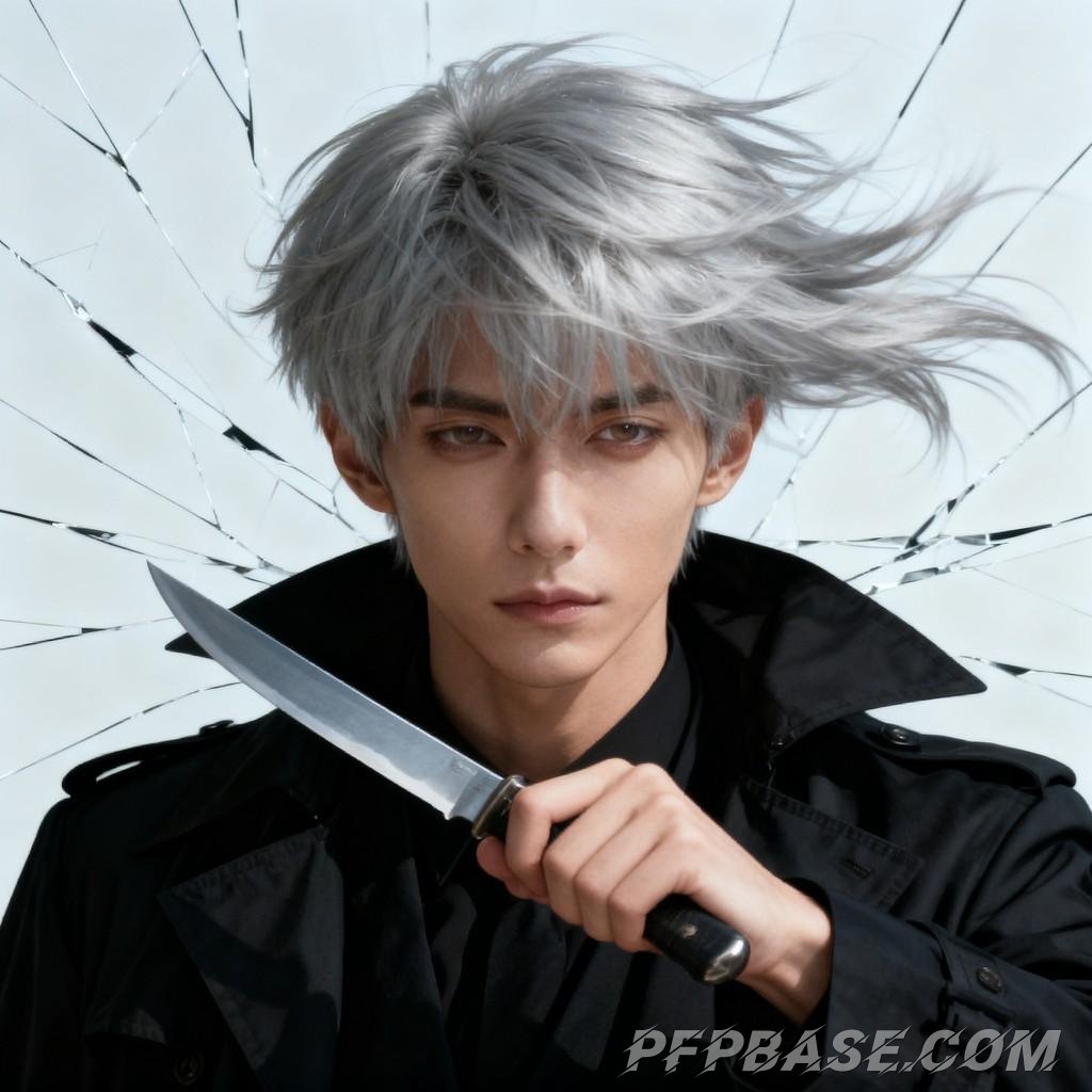 Image 3: silver-haired man, selfie-taking man, man in shadows, smoking man, knife-wielding man, side profile