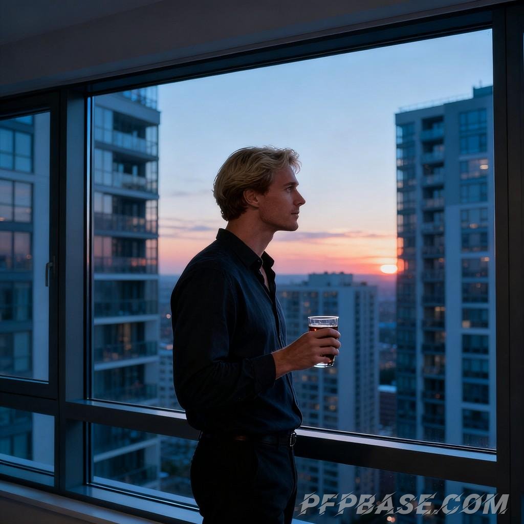 Image 2: cityscape, young adult, twilight, deep thought, play of light and shadow