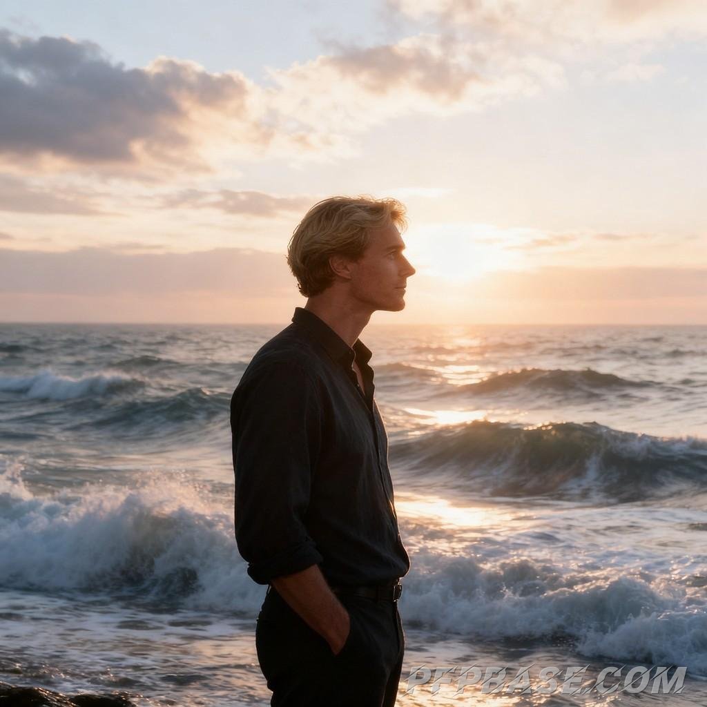 Image 3: cityscape, young adult, twilight, deep thought, play of light and shadow