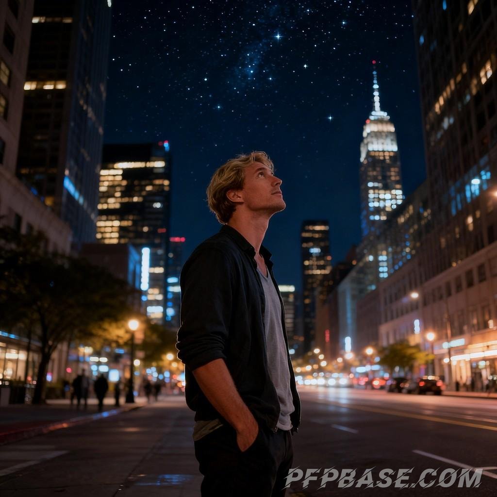 Image 6: cityscape, young adult, twilight, deep thought, play of light and shadow