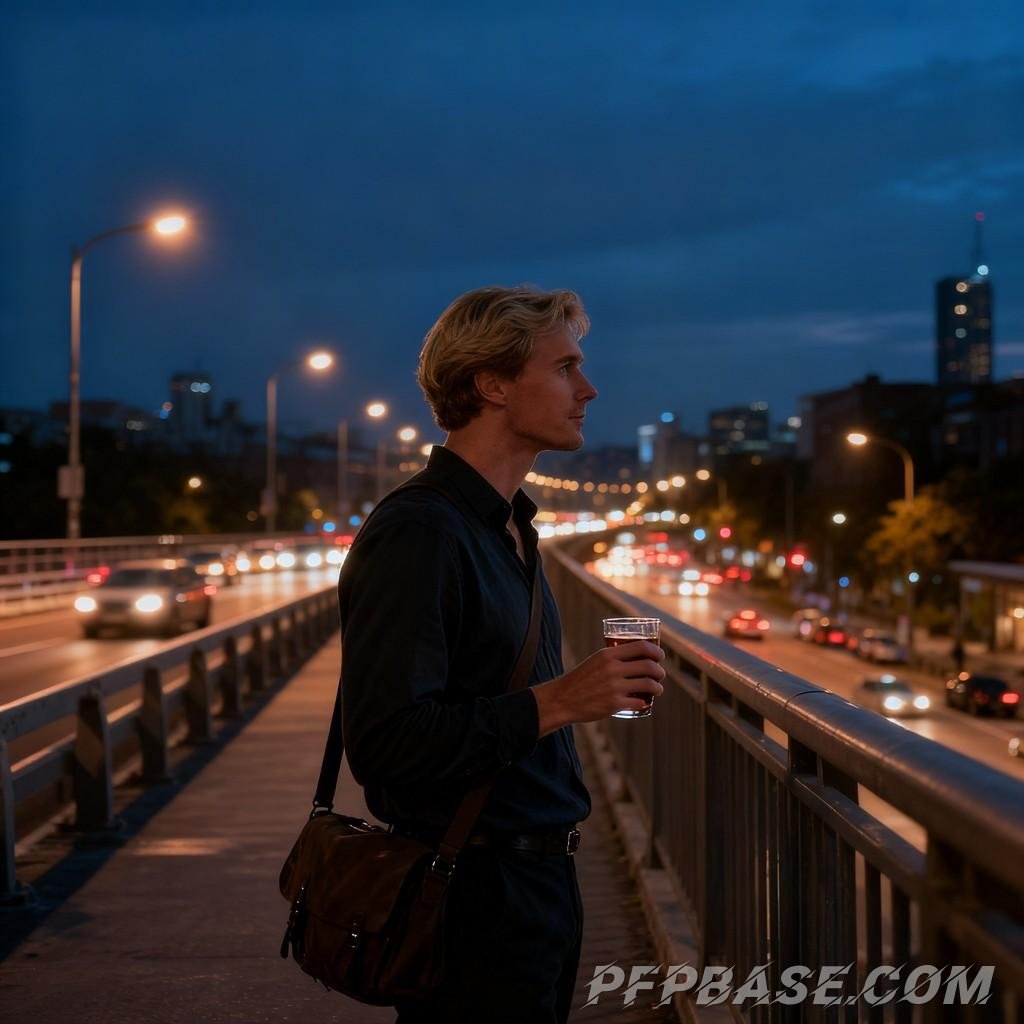 Image 7: cityscape, young adult, twilight, deep thought, play of light and shadow