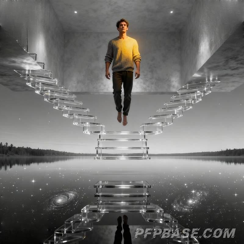 Image 1: male portrait, city night scene, desert stone formation, forest meditation, dream staircase, industr