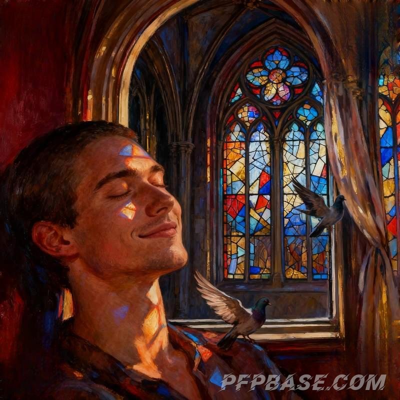 Image 7: man, by window, forest, rooftop, church