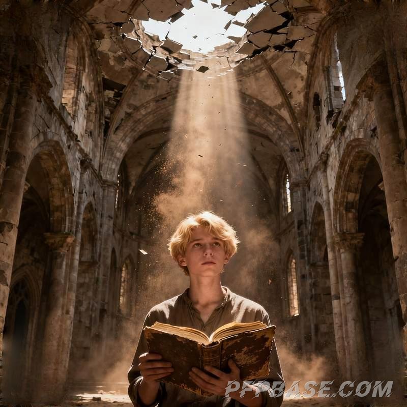 Image 7: man, natural light, city night view, reading in ruins, sitting alone on lake, art museum