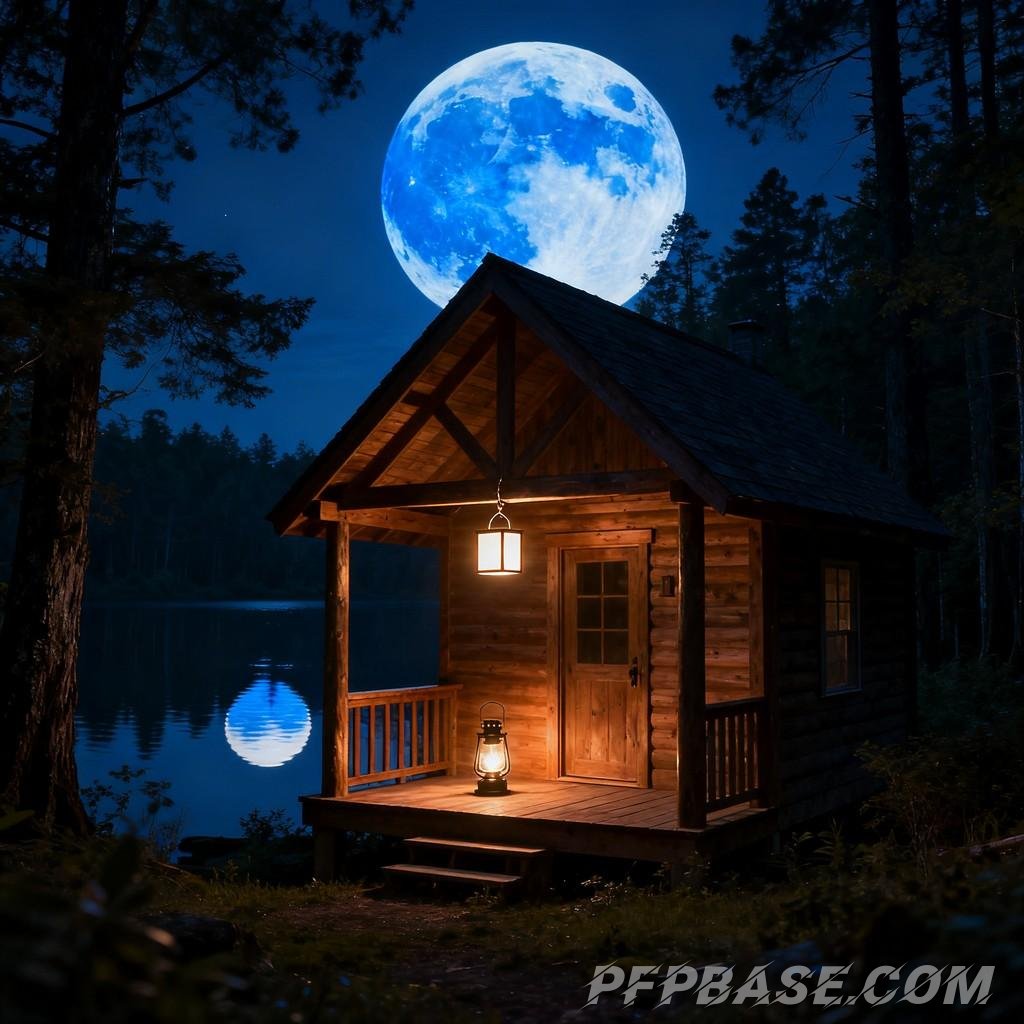 Image 1: moonlit night, forest, camping, log cabin, kerosene lamp