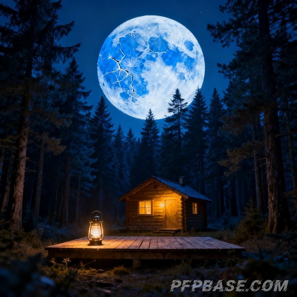 Image 2: moonlit night, forest, camping, log cabin, kerosene lamp