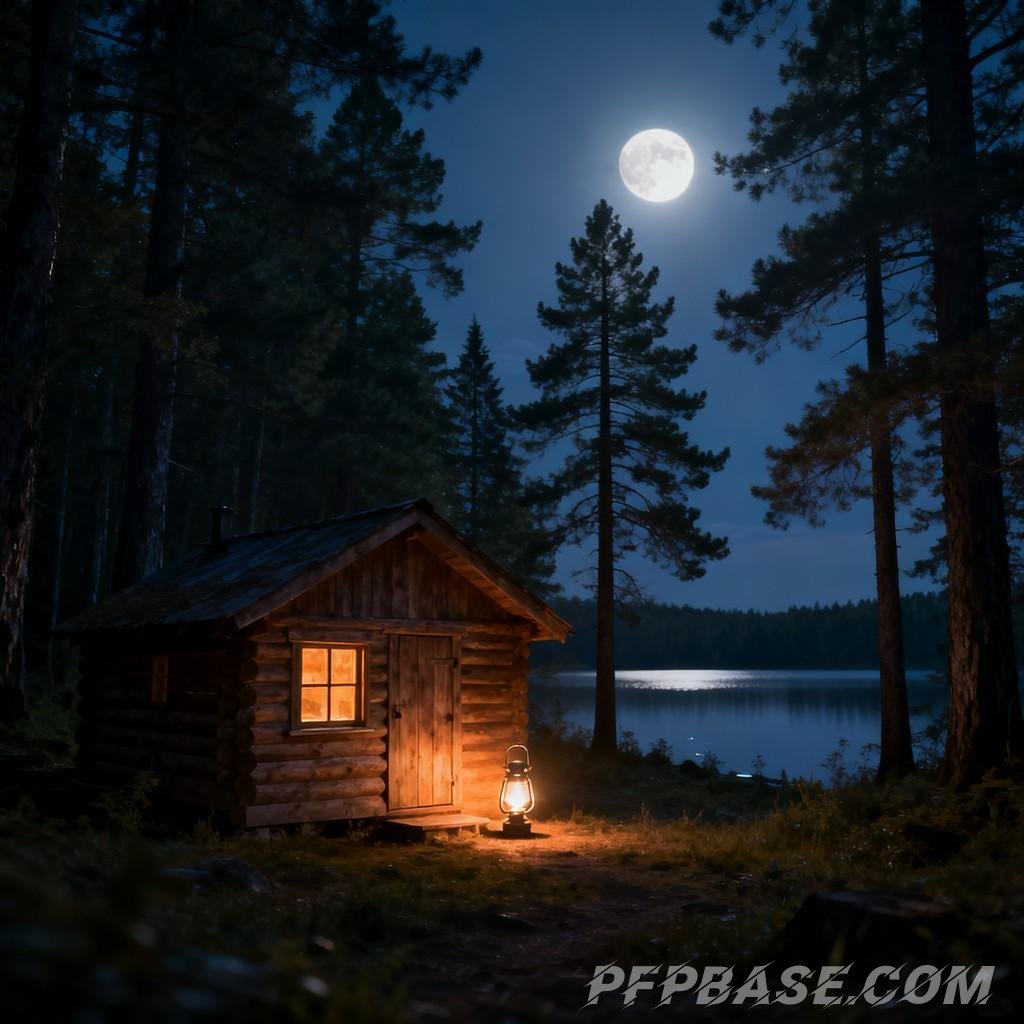 Image 3: moonlit night, forest, camping, log cabin, kerosene lamp