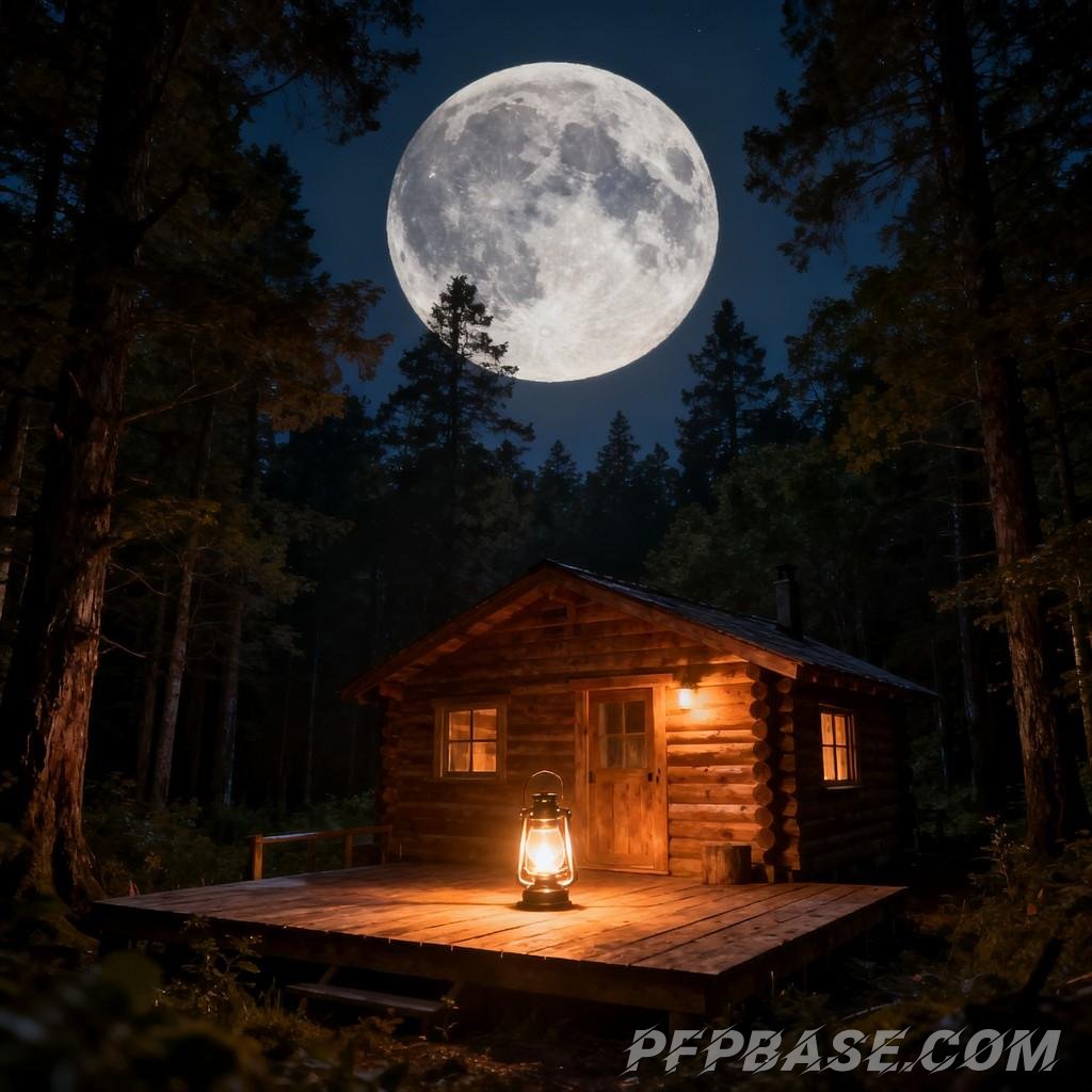 Image 4: moonlit night, forest, camping, log cabin, kerosene lamp