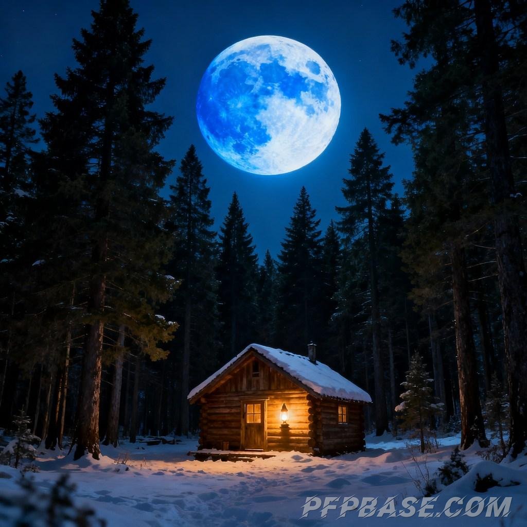 Image 5: moonlit night, forest, camping, log cabin, kerosene lamp