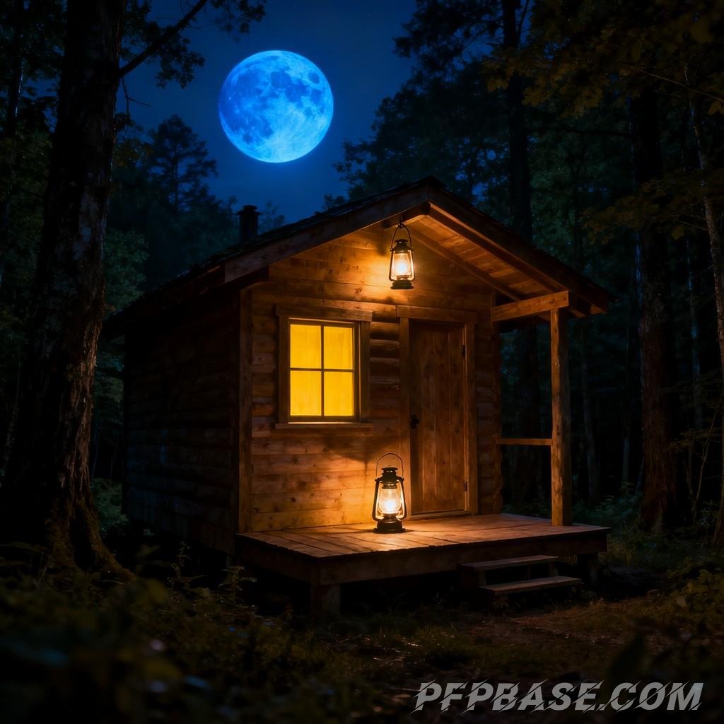 Image 6: moonlit night, forest, camping, log cabin, kerosene lamp