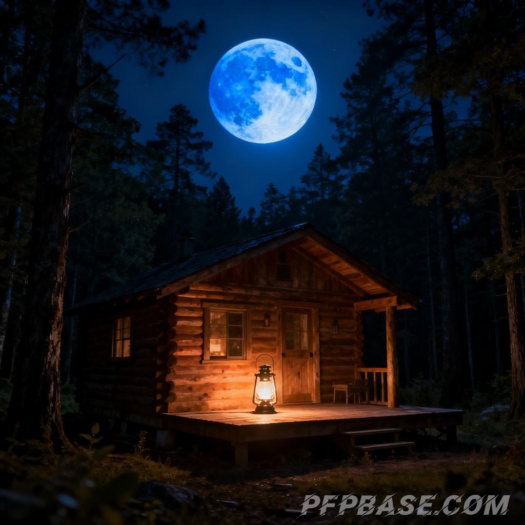 Image 7: moonlit night, forest, camping, log cabin, kerosene lamp
