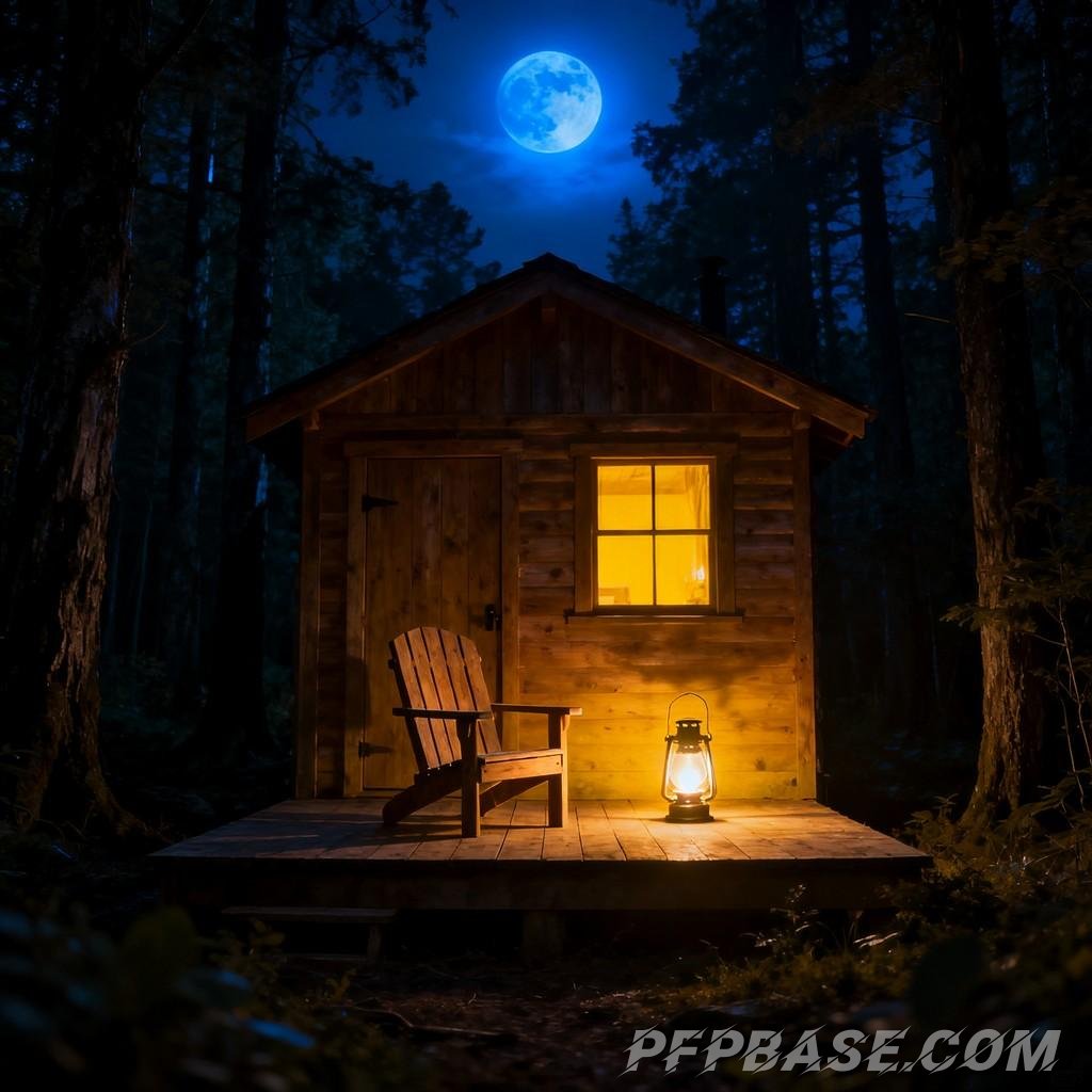 Image 8: moonlit night, forest, camping, log cabin, kerosene lamp