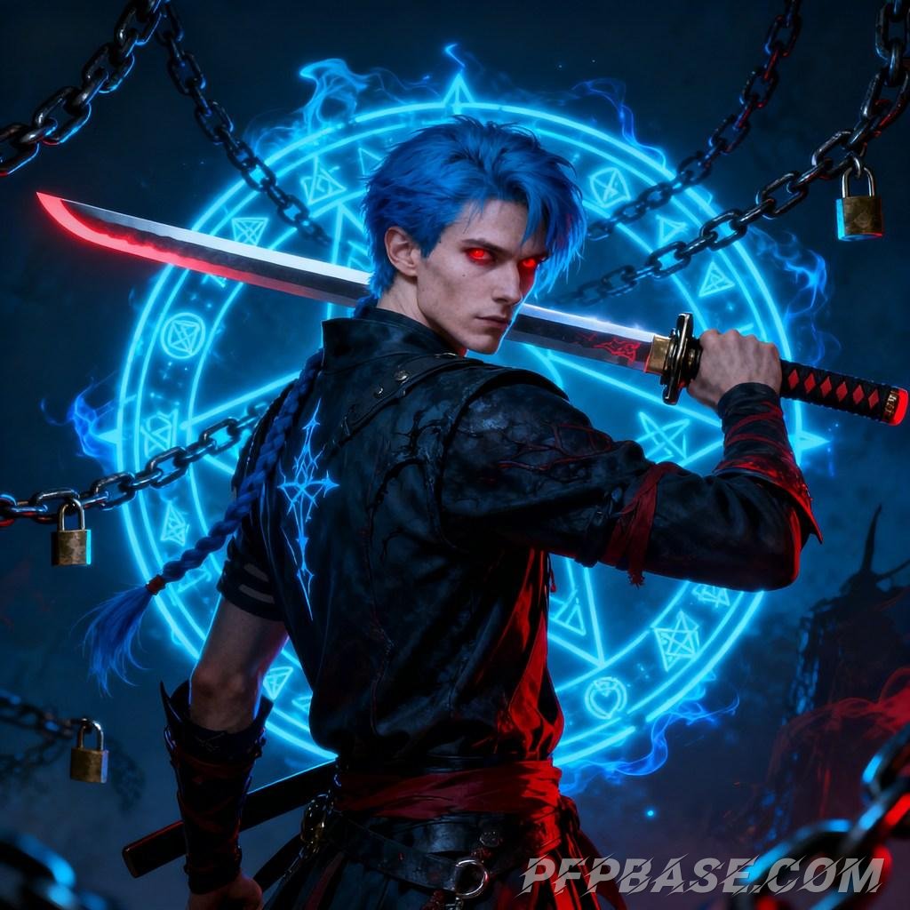 Image 6: red-haired youth, blue-haired sword wielder, golden-haired young man, silver-haired warrior, black a