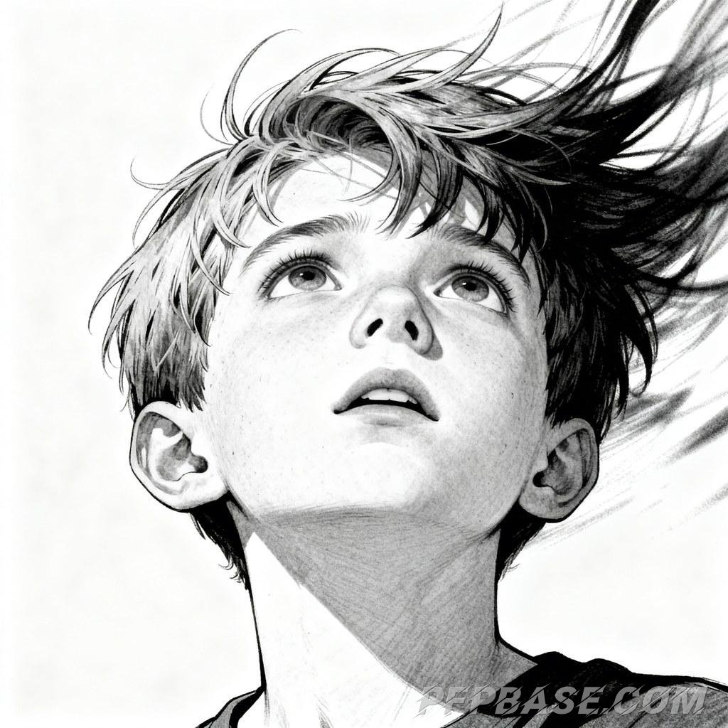 Image 2: sharp gaze, pensive youth, melancholic tears, lost gaze upward, enigmatic smile, silhouette against