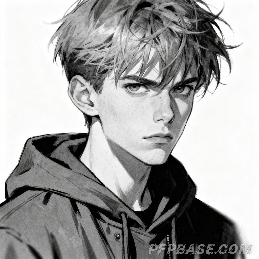 Image 4: sharp gaze, pensive youth, melancholic tears, lost gaze upward, enigmatic smile, silhouette against