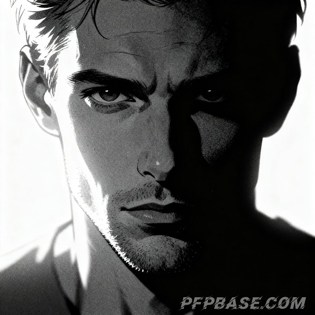 Image 5: sharp gaze, pensive youth, melancholic tears, lost gaze upward, enigmatic smile, silhouette against