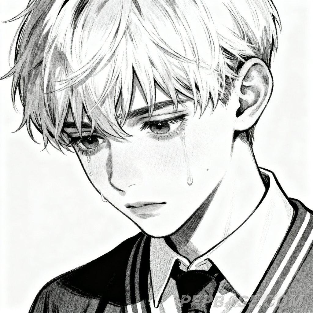 Image 8: sharp gaze, pensive youth, melancholic tears, lost gaze upward, enigmatic smile, silhouette against