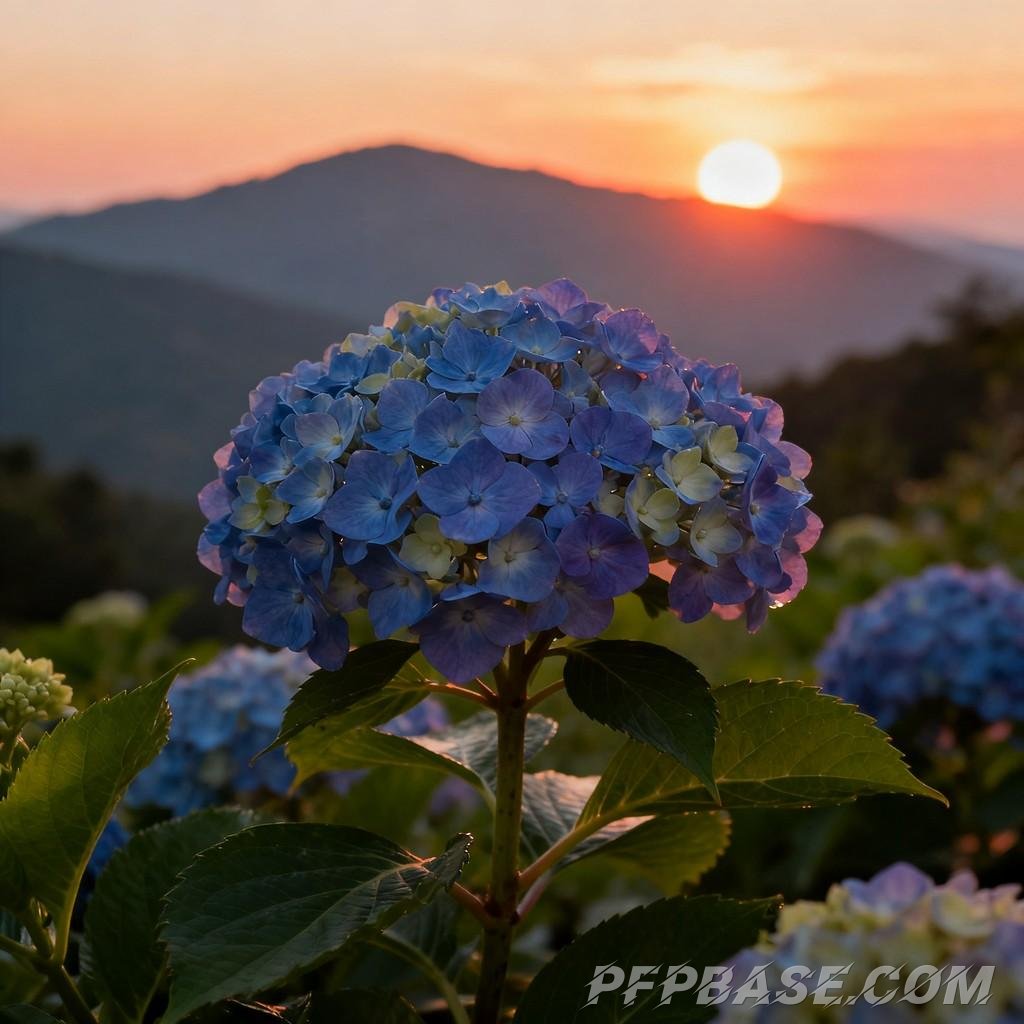 Image 1: hydrangea, mountain range, blue sky, white clouds, serenity