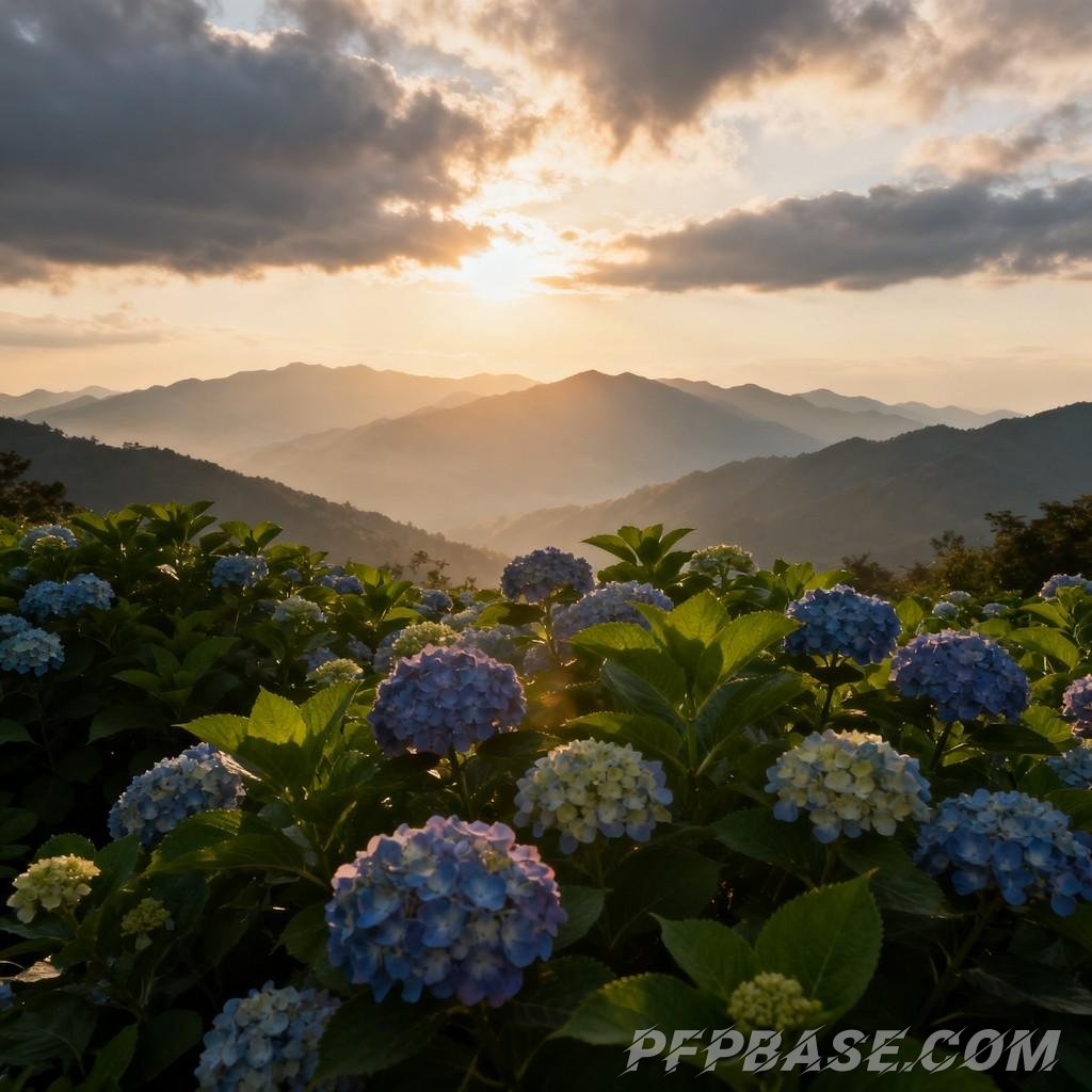 Image 2: hydrangea, mountain range, blue sky, white clouds, serenity