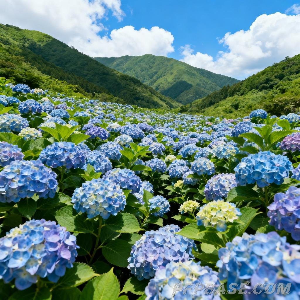 Image 3: hydrangea, mountain range, blue sky, white clouds, serenity