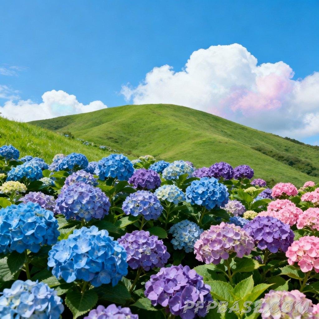 Image 4: hydrangea, mountain range, blue sky, white clouds, serenity