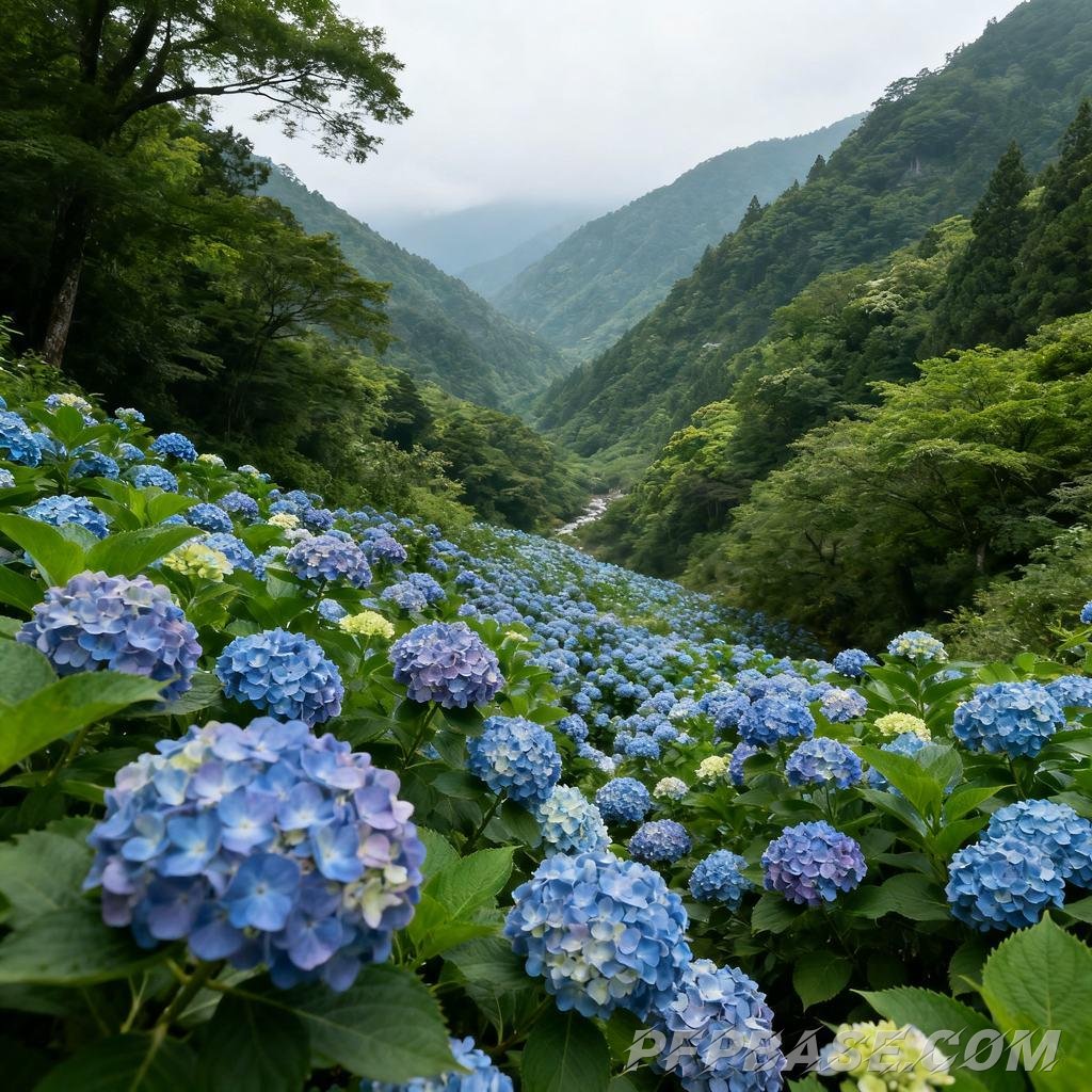 Image 6: hydrangea, mountain range, blue sky, white clouds, serenity
