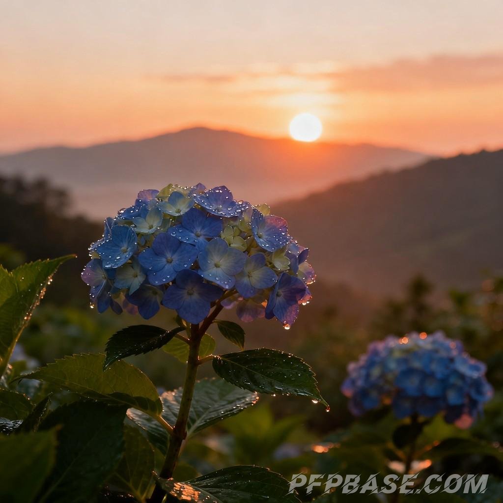 Image 8: hydrangea, mountain range, blue sky, white clouds, serenity